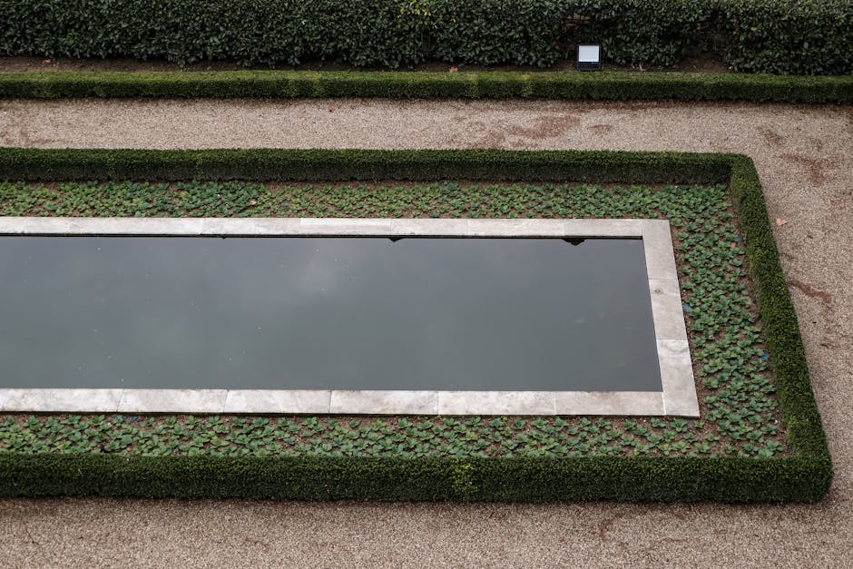 Aerial view of a rectangular pond surrounded by greenery and stone in a symmetrical garden layout.